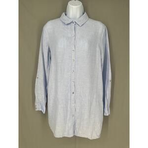 Tahari Top Womens Medium Blue Linen Button Tunic Shirt Classic Coastal Beach